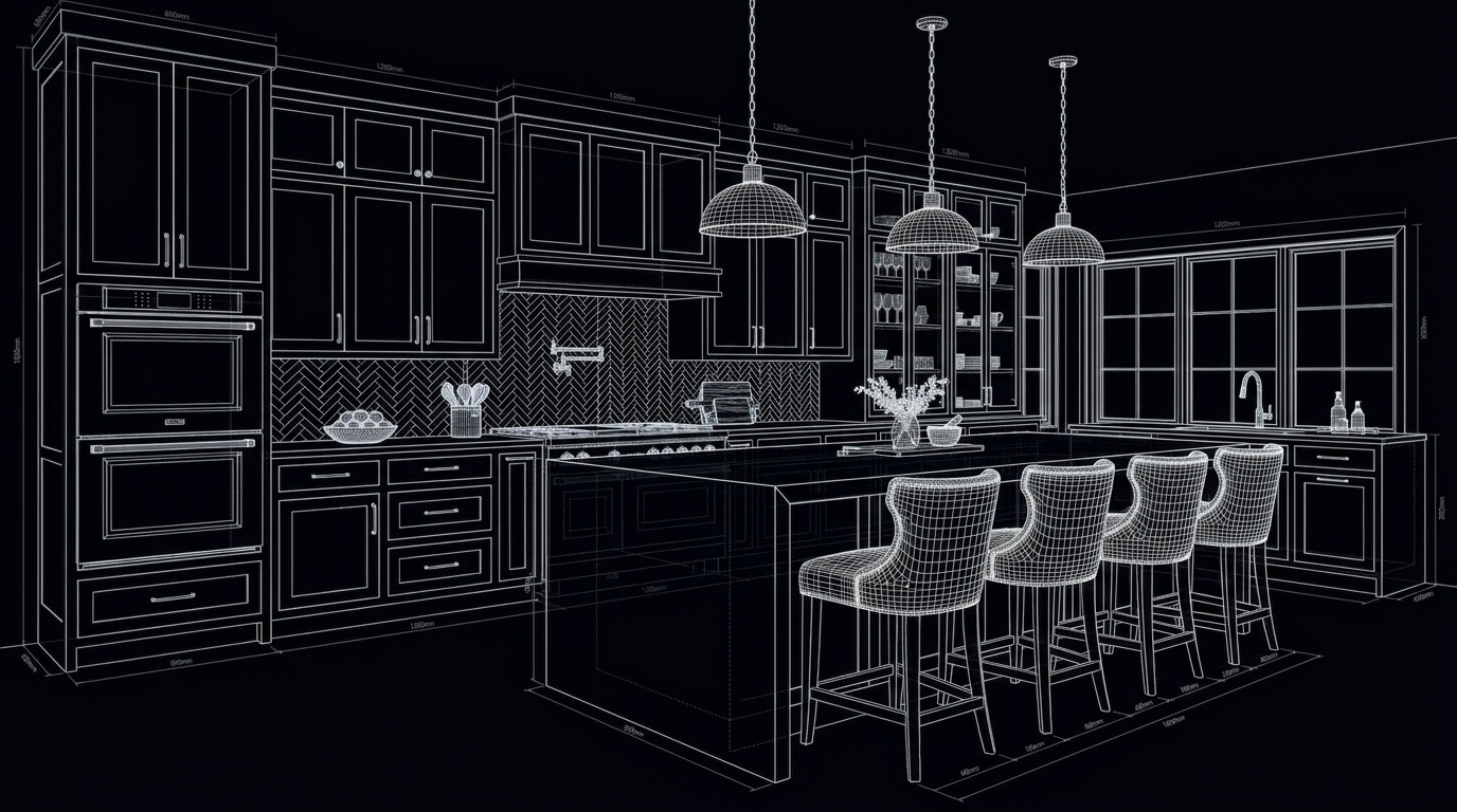 3D wireframe render of the kitchen design