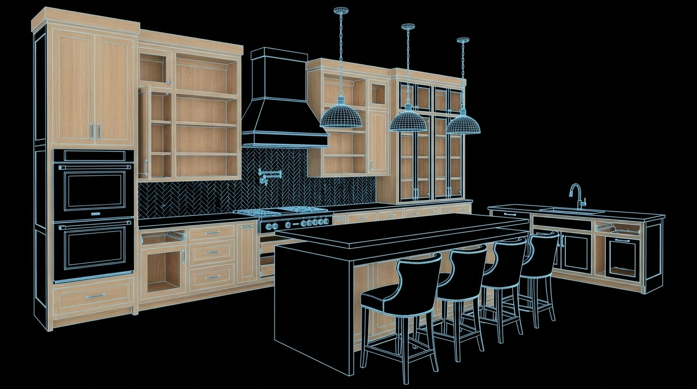 Custom white oak kitchen mid-build, render transitioning into finished millwork