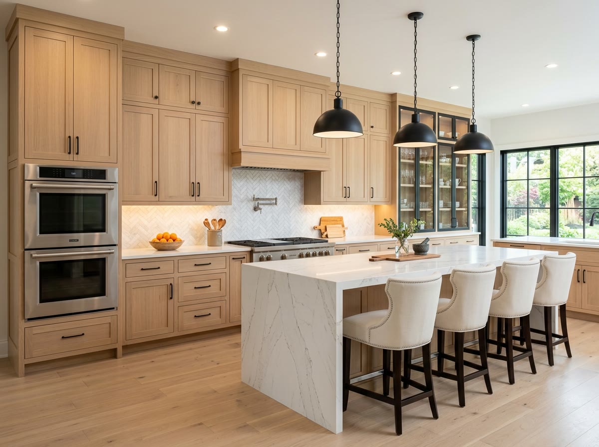 Finished white oak kitchen with marble island and custom cabinetry