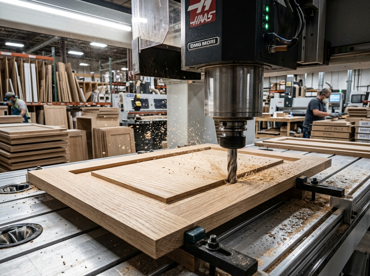 5-axis CNC router cutting white oak cabinet panels